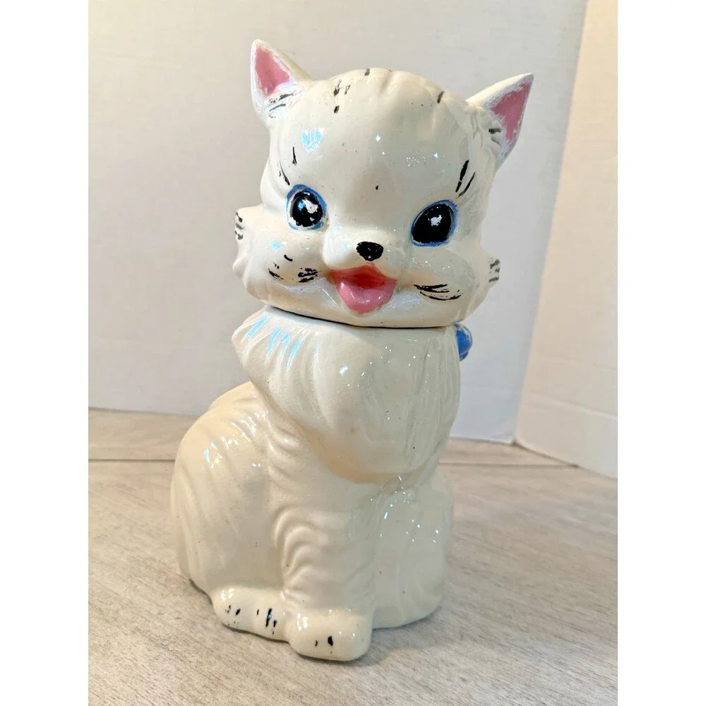Vintage American Bisque Fluffy Cat Cookie Jar Blue Bow 1940s 1950s Pottery USA